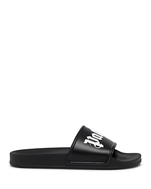 Palm Angels Black Logo Pool Slides In Black/white
