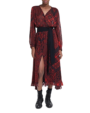 Shop The Kooples Mixed Print Midi Dress In Red