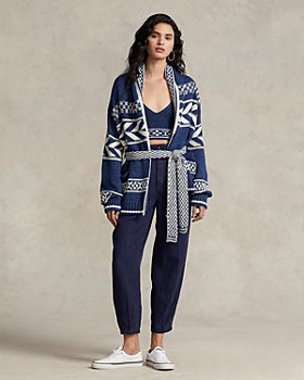Polo Ralph Lauren - Cotton Shawl Collar Belted Cardigan, Geometric Knit Bralette & High Rise Pleated Twill Pants