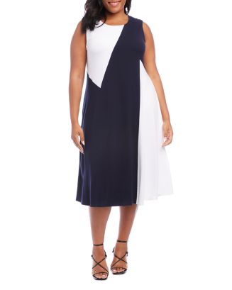 Karine - Pleated White, Black and Tan Color Block Dress