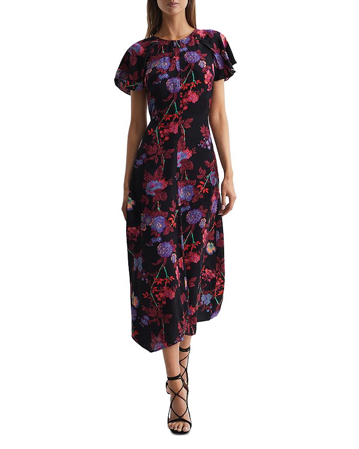 REISS Leni Floral Print Cap Sleeve Midi Dress | Bloomingdale's