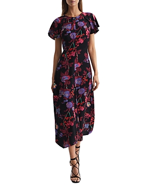 Reiss Leni Floral Print Cap Sleeve Midi Dress In Blac/pink