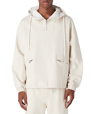 Armani Collezioni Cotton Blend Logo Print Quarter Zip Hooded Jacket In Fancy Whit