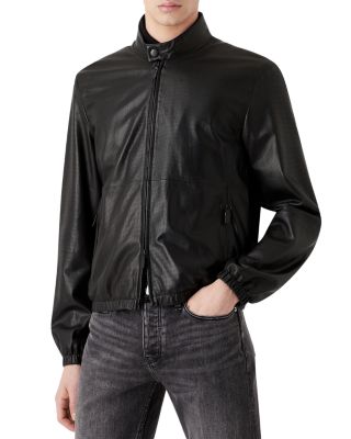 Armani Collezioni Leather Perforated Jacket In Solid Blac ModeSens