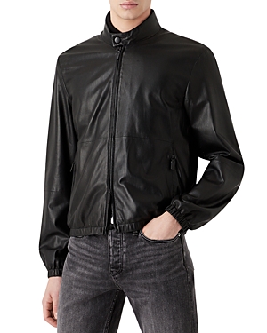 Armani Collezioni Leather Perforated Jacket In Solid Blac