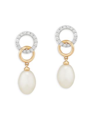 Bloomingdale's Fine Collection - Cultured Freshwater Pearl & Diamond Circle Drop Earrings in 14K Yellow Gold - Exclusive