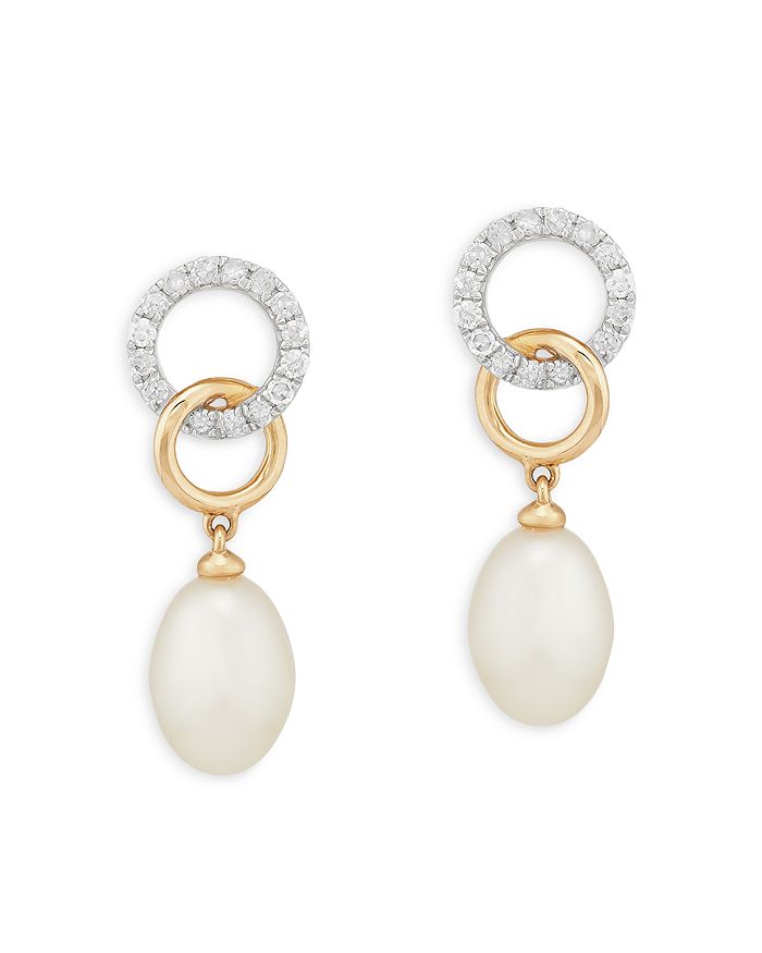 Bloomingdale's - Cultured Freshwater Pearl & Diamond Circle Drop Earrings in 14K Yellow Gold - 100% Exclusive