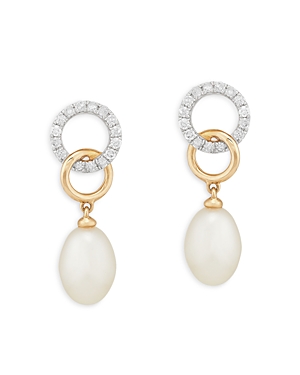 Bloomingdale's Cultured Freshwater Pearl & Diamond Circle Drop Earrings In 14k Yellow Gold - 100% Exclusive In White/gold