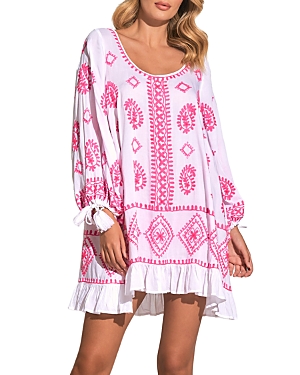 Elan Embroidered Scoop Neck Dress In White Pink