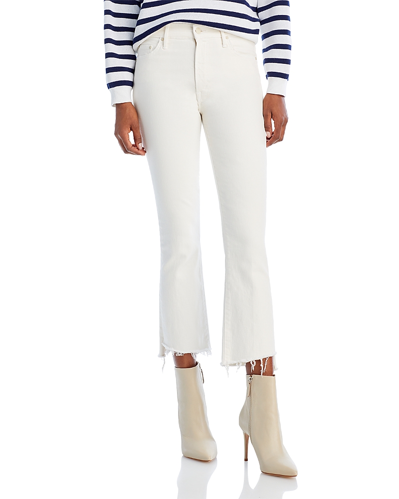 Mother The Tripped Distressed Bootcut Ankle Jeans In Cream Puff