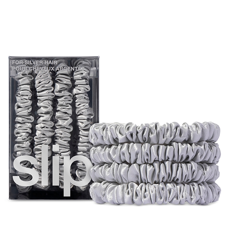 slip Pure Silk Back to Basics Skinny Scrunchies in Silver, Set of 4