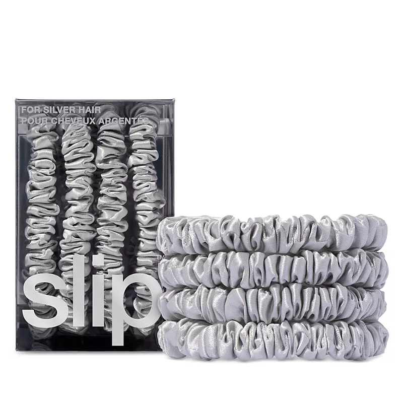 slip Pure Silk Back to Basics Skinny Scrunchies in Silver, Set of 4