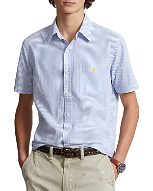 Shop Polo Ralph Lauren Classic Fit Prepster Seersucker Short Sleeve Shirt In Blue/white