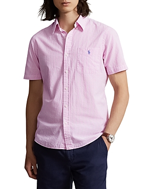 Shop Polo Ralph Lauren Classic Fit Prepster Seersucker Short Sleeve Shirt In Rose/white