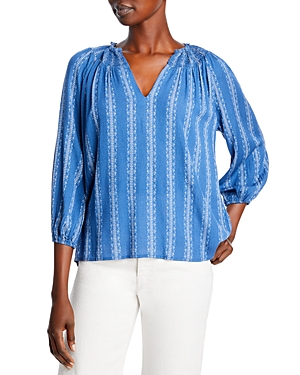 B Collection By Bobeau Three Quarter Sleeve Smocked Collar Top In Blue Geo