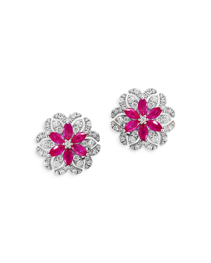 Bloomingdale's - Ruby & Diamond Flower Stud Earrings in 14K White Gold - 100% Exclusive