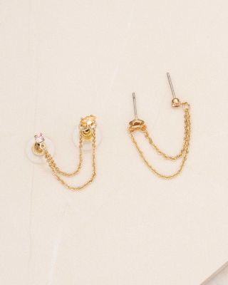 Draped Chain Double Piercing Cubic Zirconia Earrings