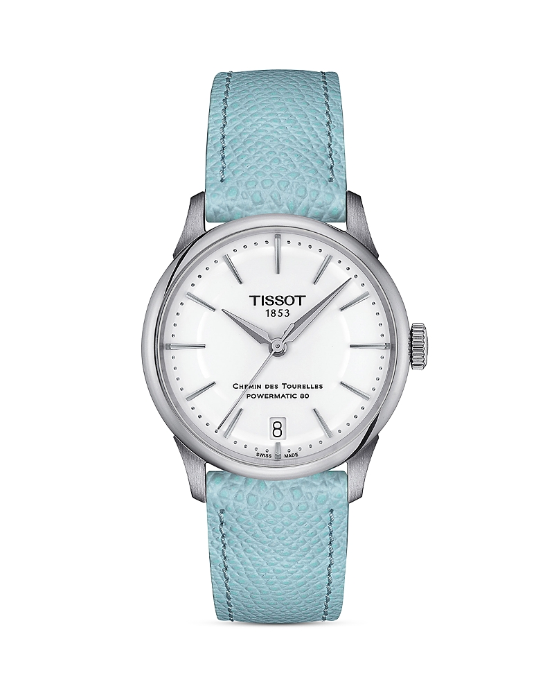 Tissot Women's Swiss Automatic Chemin Des Tourelles Powermatic 80 Blue Leather Strap Watch 34mm In Silver/blue