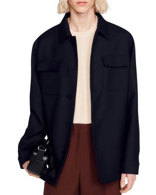 Sandro Solid Button Down Shirt Jacket In Navy Blue