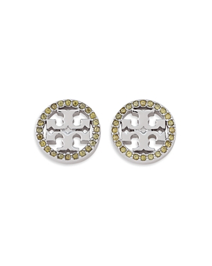 Tory Burch Crystal Logo Circle Stud Earrings In Green/silver