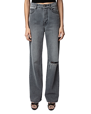 ZADIG & VOLTAIRE EVY RIPPED FLARED JEANS IN GRIS