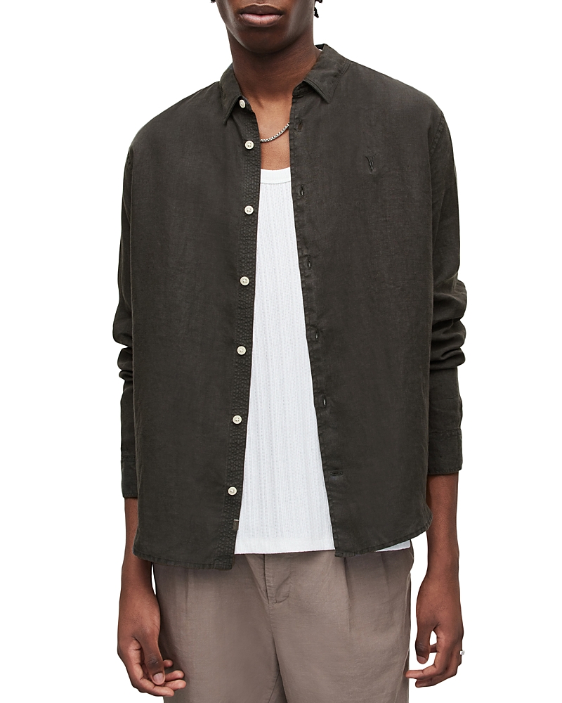 Allsaints Cypress Slub Linen Button-up Shirt In Washed Black