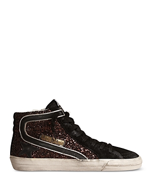 Golden Goose Slide Glitter Upper Suede Toe And List Leather Star And Wave In Coffee Brown