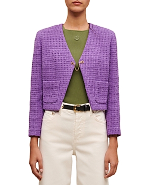 Maje Vapraia Cropped Tweed Jacket In Purple