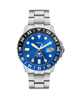 Shop Fossil Blue Gmt Watch, 46mm In Blue/silver
