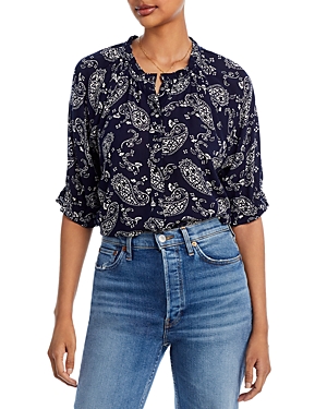 B Collection By Bobeau Ruffled Neck Blouse In Black Iris Paisley