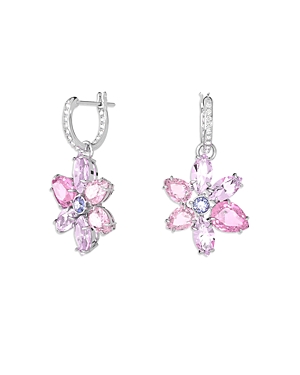Shop Swarovski Gema Multicolor Crystal Flower Charm Hoop Earrings In Rhodium Plated In Pink/silver