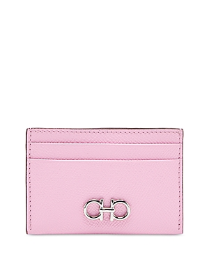 Ferragamo Salvatore Gancini Leather Card Case In Bubble Gum/gold