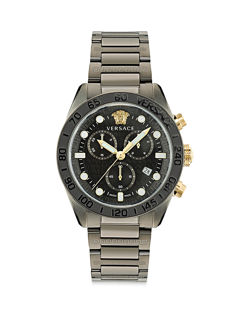 Versace Men's Swiss Chronograph Greca Dome Gunmetal Ion Plated Bracelet Watch 43mm In Black/gray
