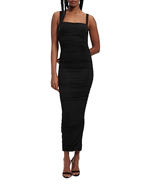 Black Strappy Mesh Ruched Midaxi Dress