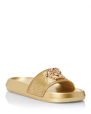 Shop Versace Women's Embellished Logo Slide Sandals In Gold