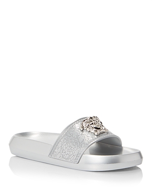 Shop Versace Women's Embellished Logo Slide Sandals In Silver