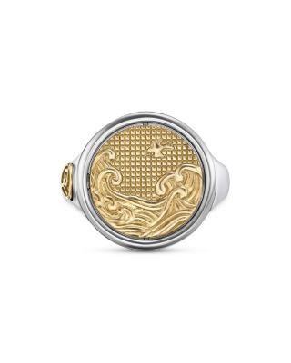 Men's Water & Fire Duality Signet Ring in Sterling Silver with 18K Yellow Gold