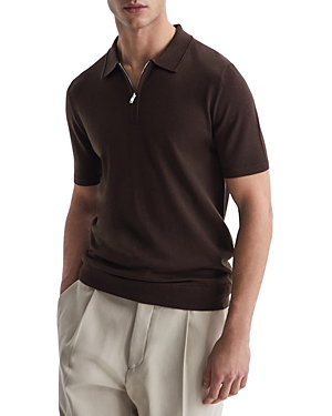 Reiss Mens Bitter Chocolat Maxwell Zipped Merino-wool Polo Shirt In Bitter Chocolate