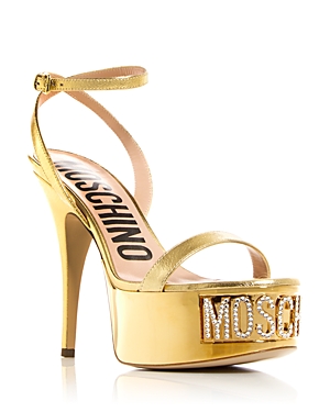 Shop Moschino Women's Logo Embellished Platform High Heel Sandals In Gold