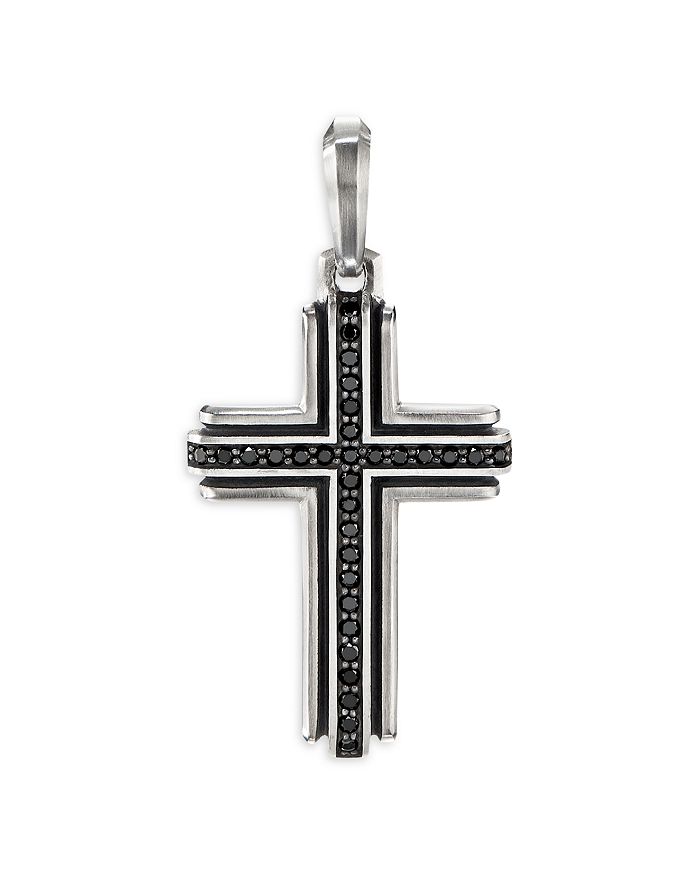 David Yurman - Sterling Silver Deco Cross Pendant with Pav&eacute; Black Diamonds