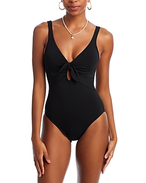 Robin Piccone Ava Plunge Neck Tie-Front One Piece Swimsuit