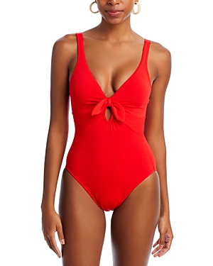 Robin Piccone Ava Plunge Neck Tie-Front One Piece Swimsuit