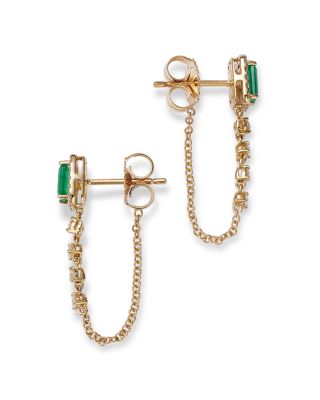 Emerald & Diamond Halo Chain Drop Earrings in 14K Yellow Gold 