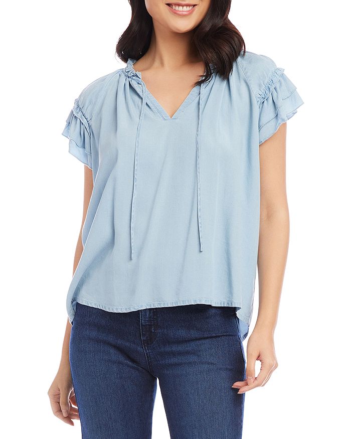 Karen Kane Chambray Flutter Sleeve Ruffle Peasant Top Bloomingdale s