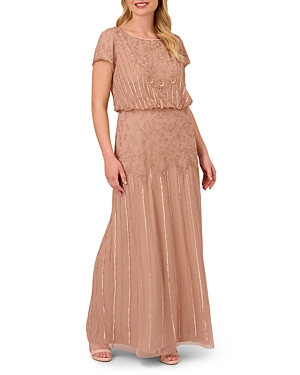 Adrianna Papell Plus Short Sleeve Beaded Gown In Rose Gold