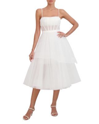 sachin and babi light blue dress Alex Evenings Crew Neck 3/4 Sleeve Sequin Floral Lace Bodice Chiffon A-Line  Midi Dress main image 1