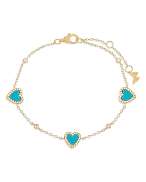 Shop By Adina Eden Pave Heart Station Bracelet In 14k Gold Plated Sterling Silver In Turquoise