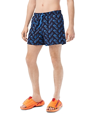 Lacoste Logo Print Cotton Swim Trunks In Navy Blue