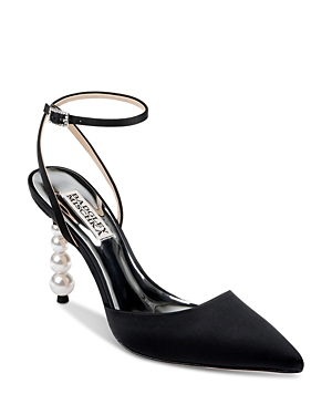 Shop Badgley Mischka Women's Indie Faux Pearl Heel Pointed Toe Pumps In Blacksatin