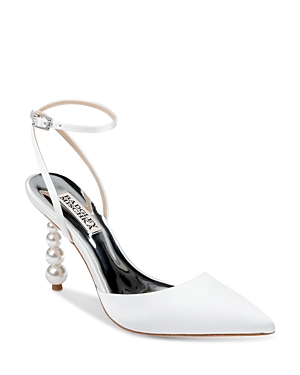 Shop Badgley Mischka Women's Indie Faux Pearl Heel Pointed Toe Pumps In Whitesatin